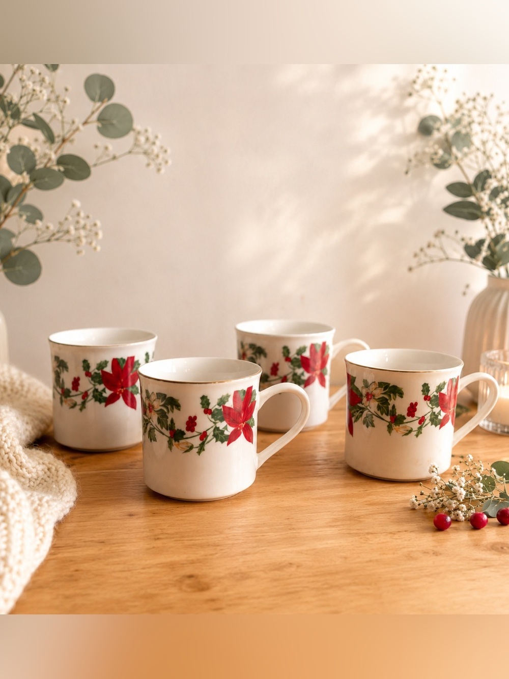 Vintage Gibson Everyday Christmas Mug Set of 4 | Poinsettia Holiday Coffee Cups